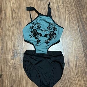 Floral jade/black dance leotard/bodysuit